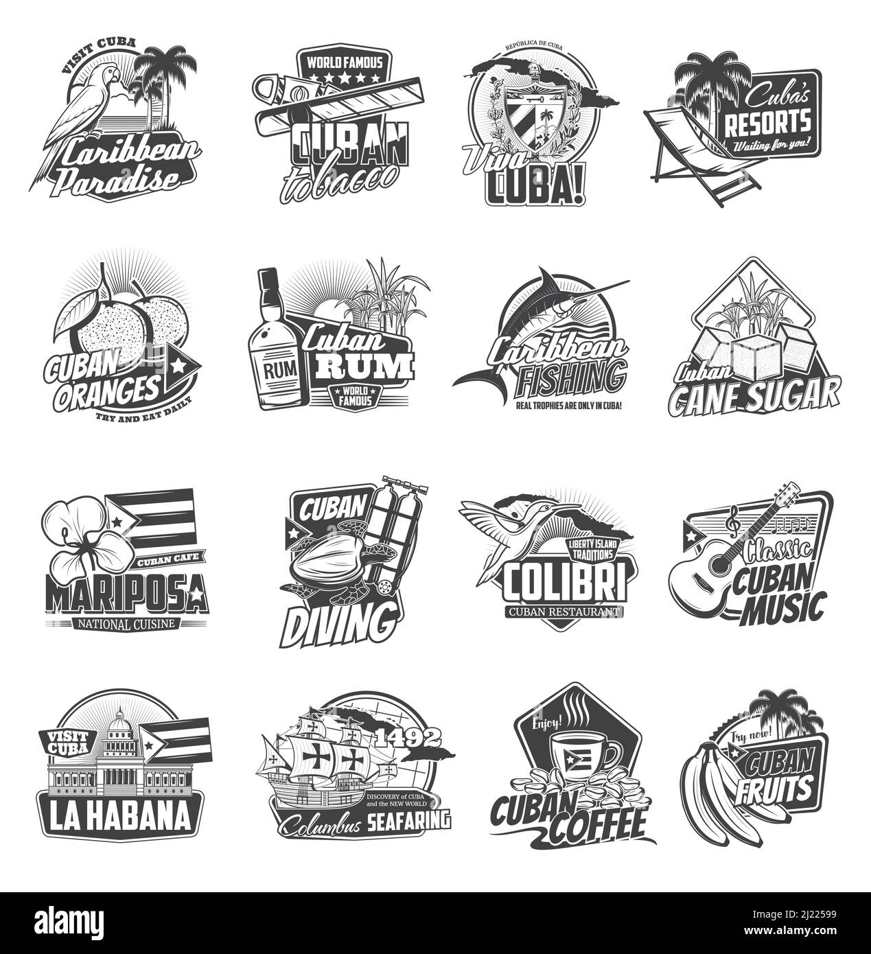 Cuba isolated vector icons of Cuban travel and tourism design. Maracas, cigar, rum and guitar, palm tree, coffee, cane sugar and Caribbean beach, coat of arms, flag and map of Cuba monochrome symbols Stock Vector