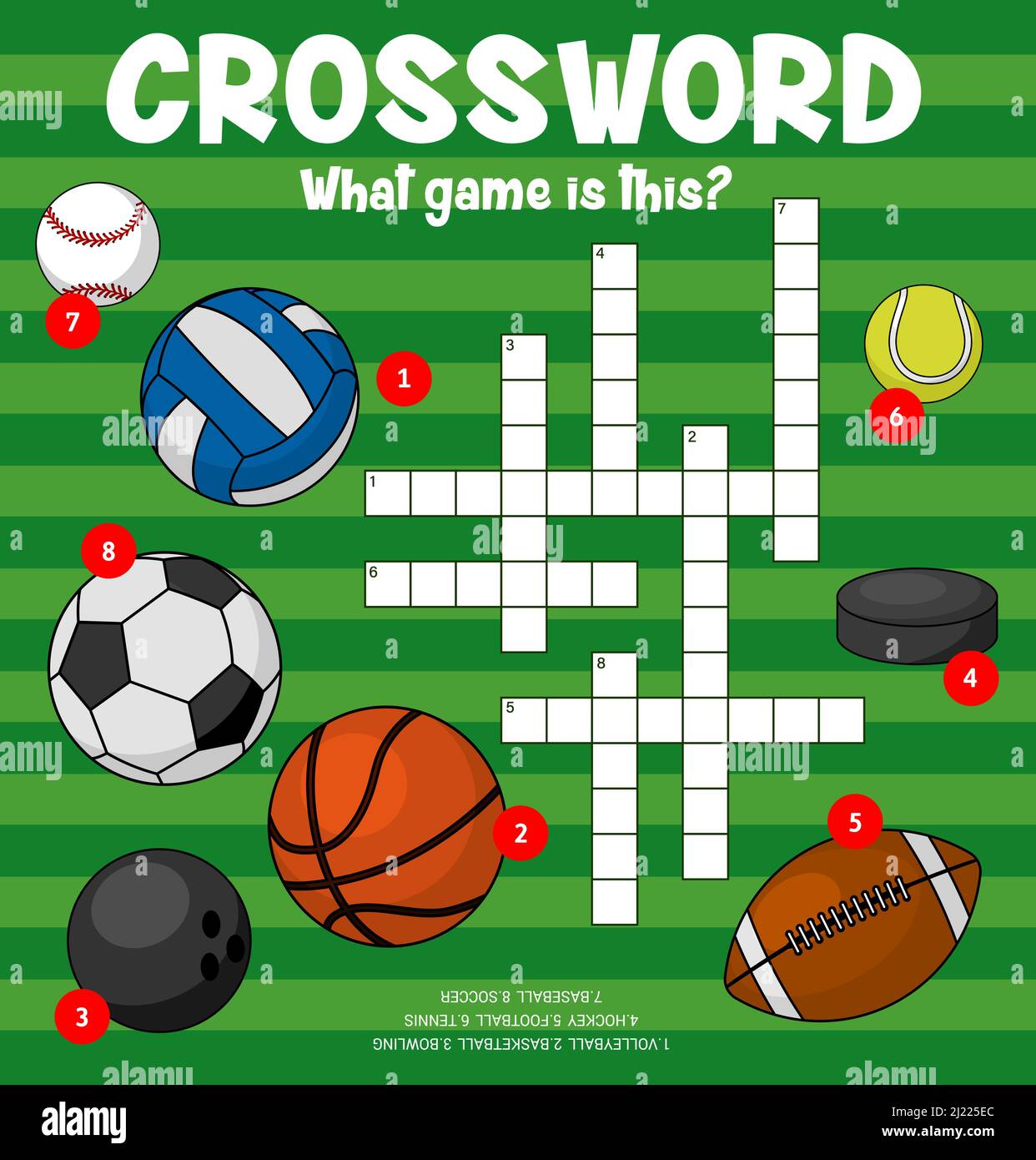Sport balls, crossword puzzle worksheet to find word, vector quiz game  grid. Kids education riddle crossword
