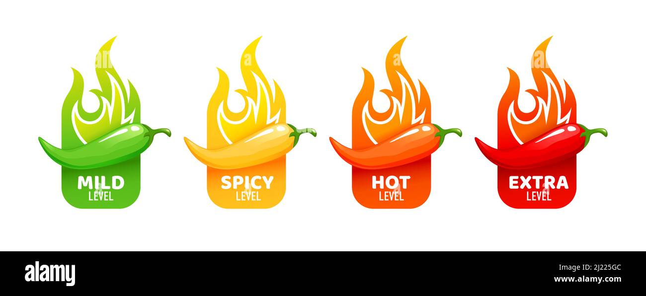 Hot spicy level labels of vector jalapeno, chili, cayenne peppers with