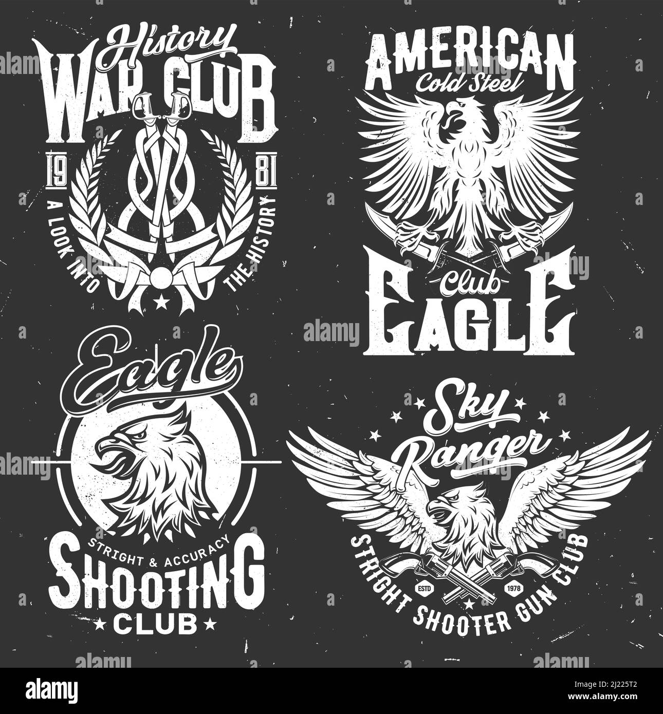 Tshirt prints with heraldic eagles vector mascots for veterans military club apparel design. T shirt prints with typography on white background. Embl Stock Vector Image Art Alamy