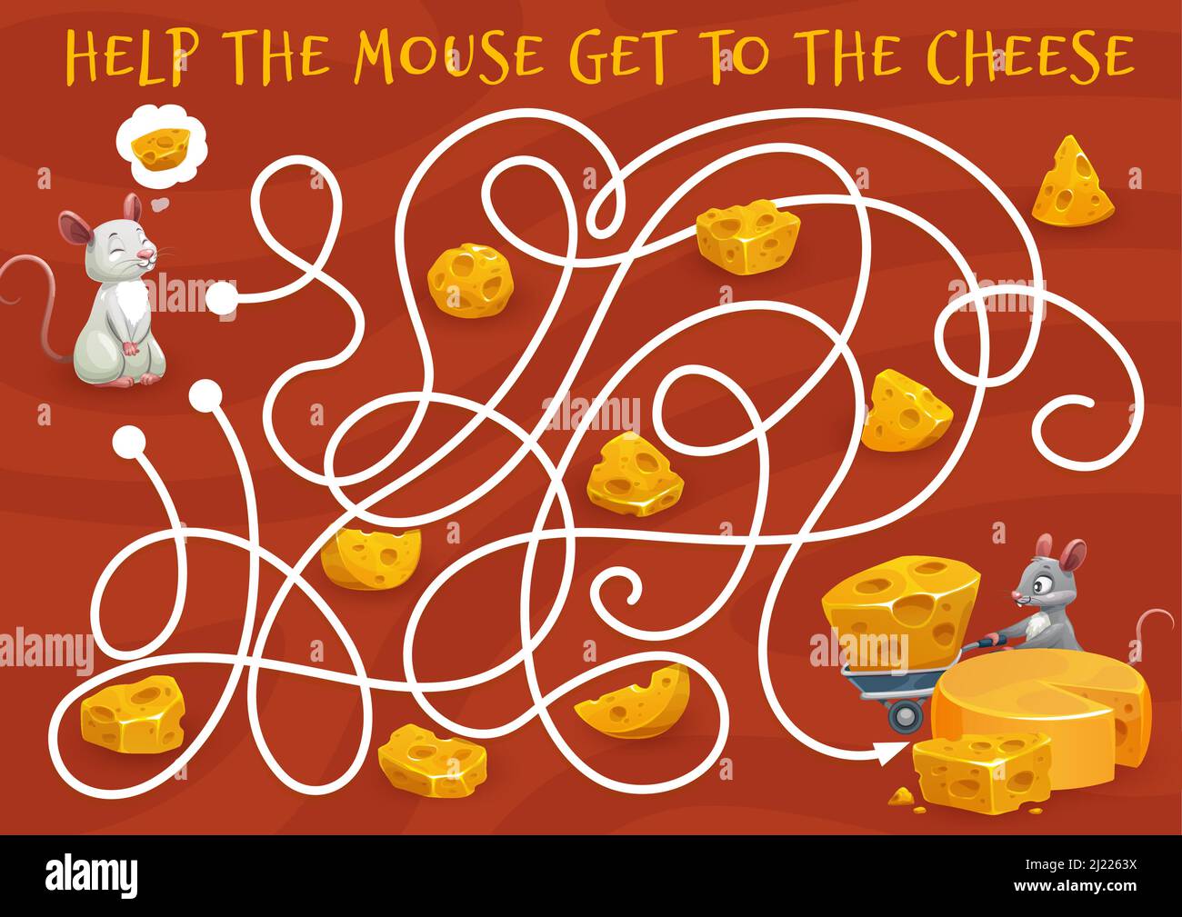 Labyrinth maze with cartoon mouse looking for Maasdam cheese, vector