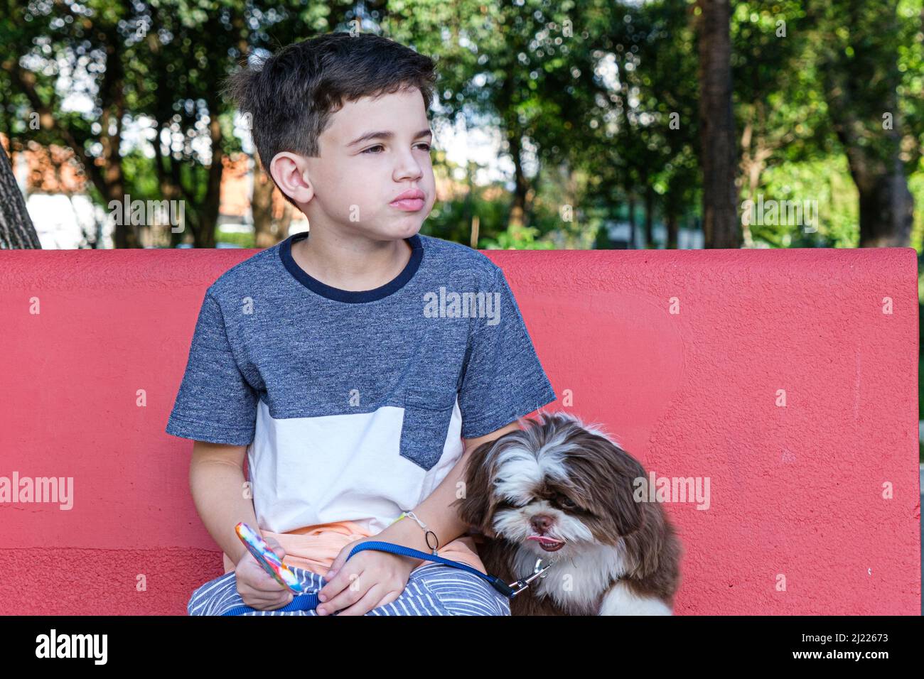 8 year old boy sitting on a red bench next to his pet, holding a lollipop and looking to the side. Stock Photo