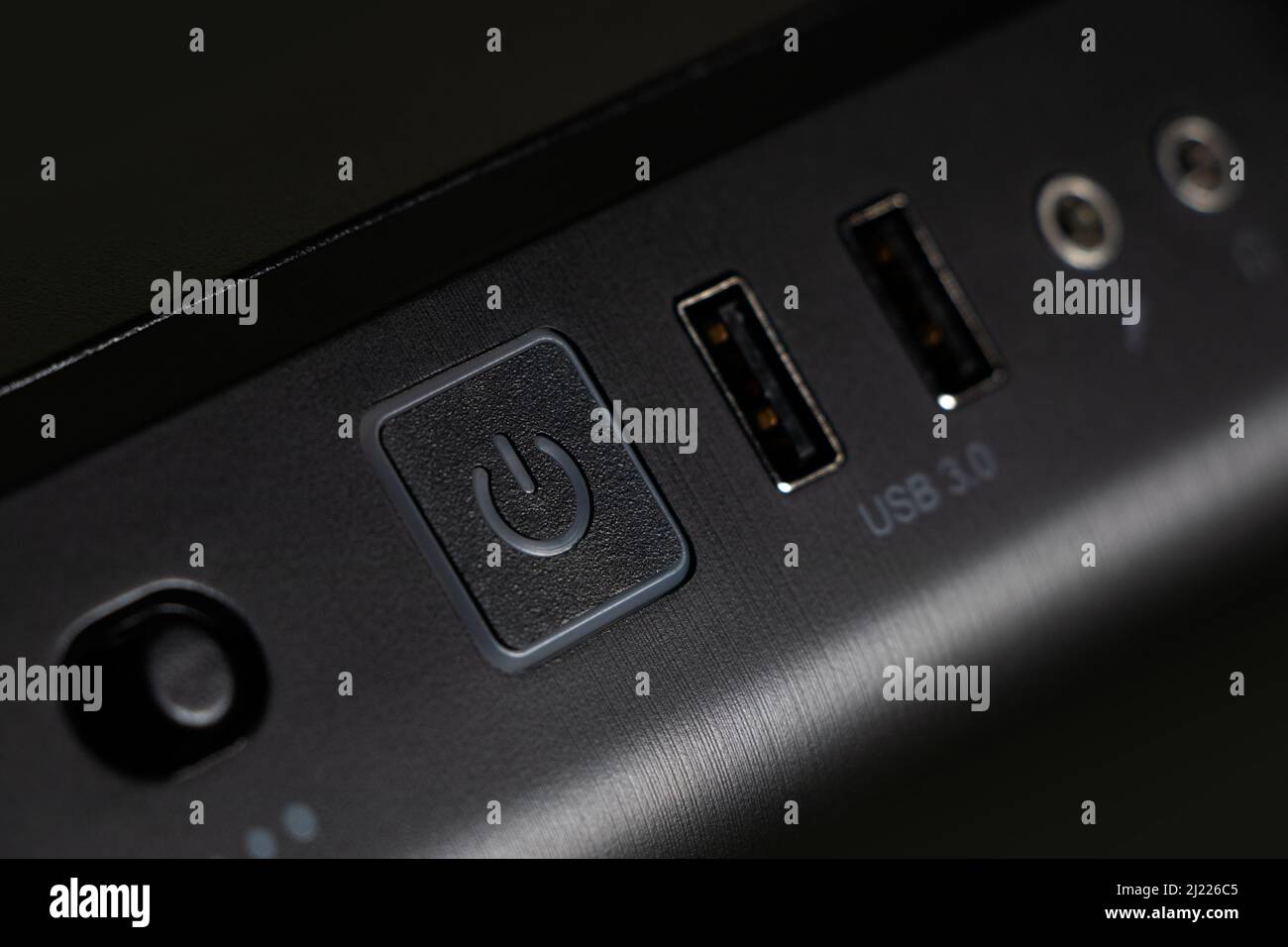 Black pc tower case with power button usb connection sockets, power and