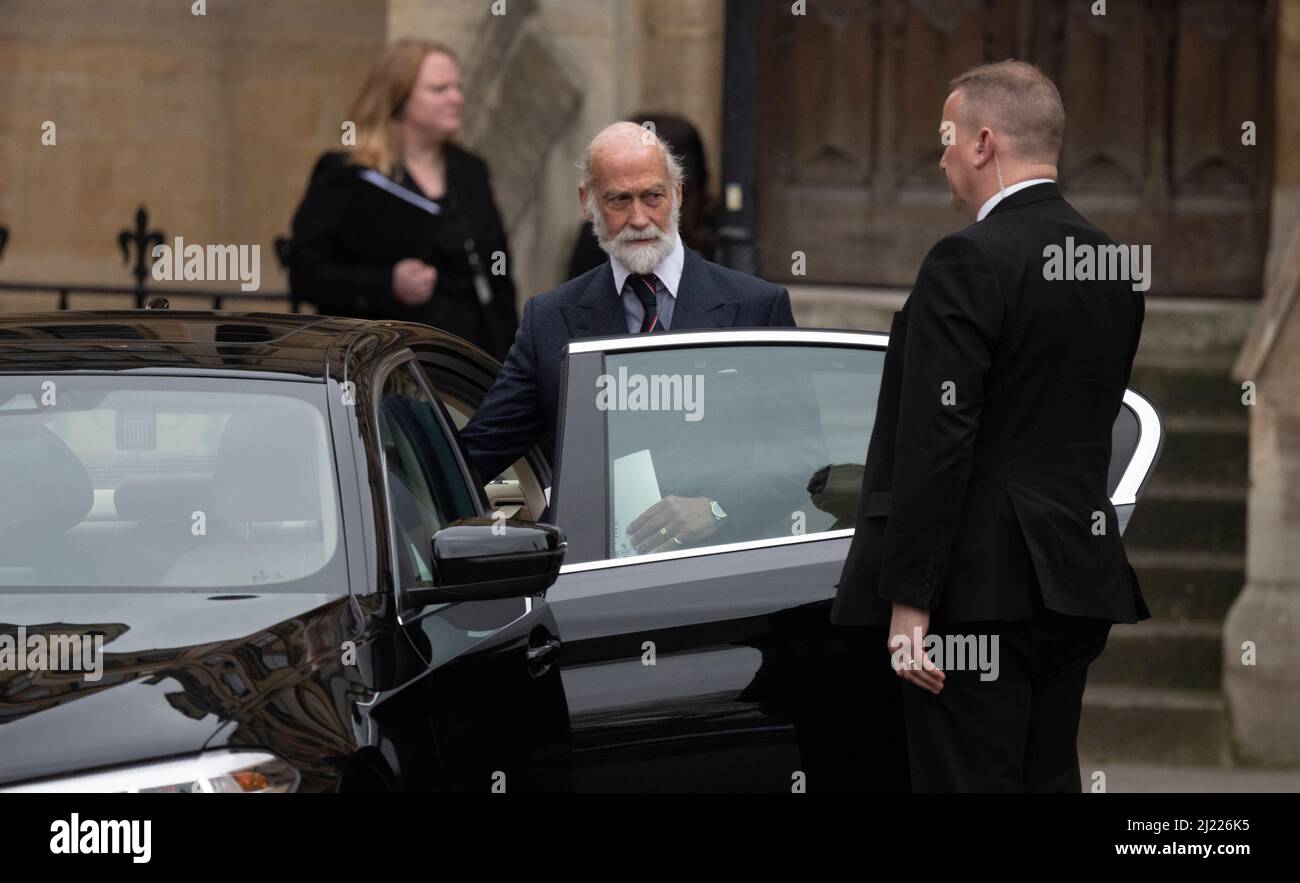 Westminster Abbey, London, UK. 29 March 2022. Guests among the 1800 who attended arrive for the Memorial Service for the Duke of Edinburgh. Image: Prince Michael of Kent leaving after the service. Credit: Malcolm Park/Alamy Live News. Stock Photo