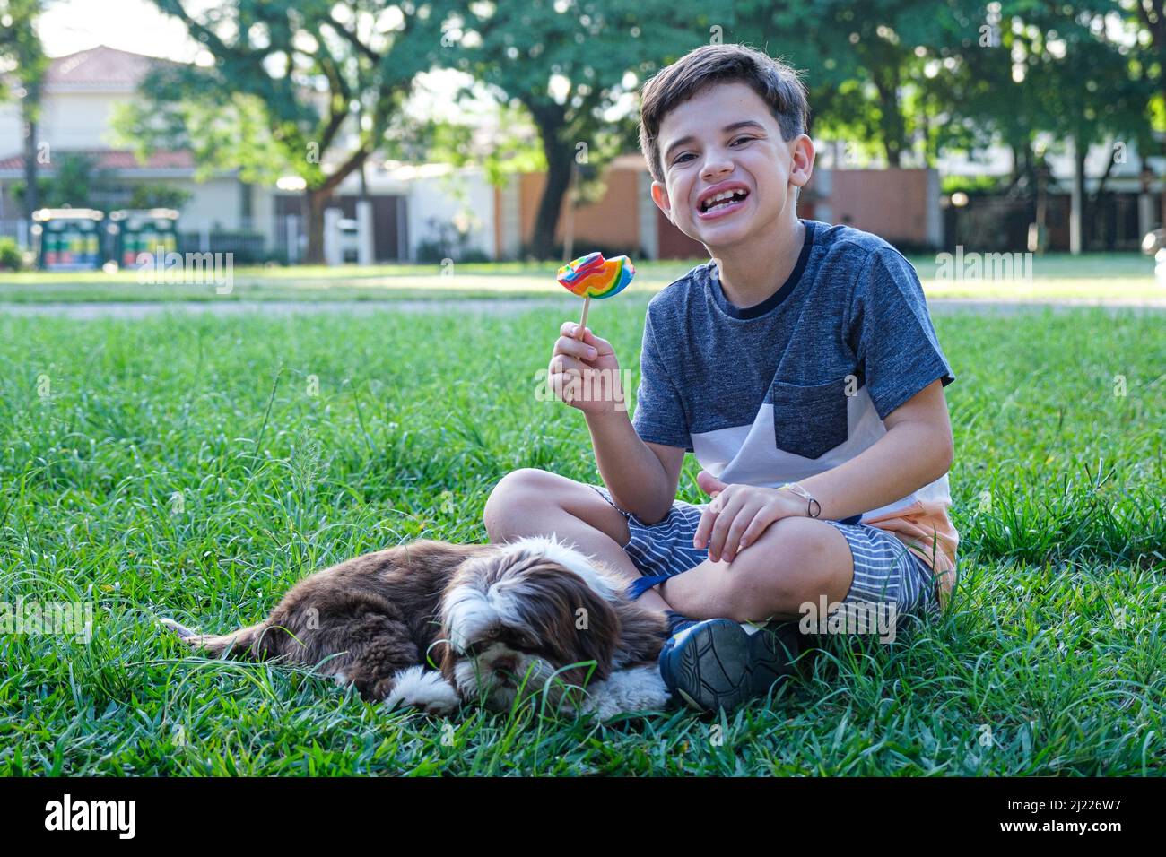 8 year old boy sitting on the lawn next to his pet, smiling and holding a lollipop. Stock Photo