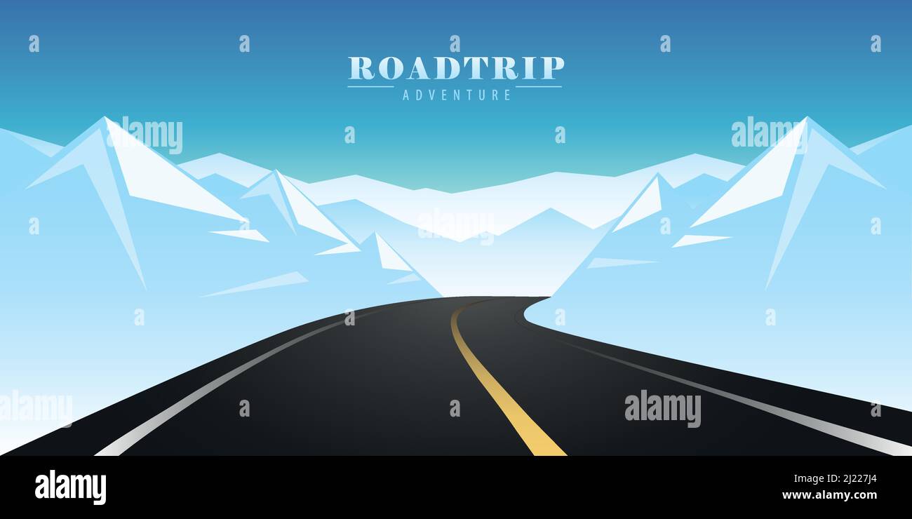 roadtrip adventure in winter straight asphalted road mountain landscape Stock Vector