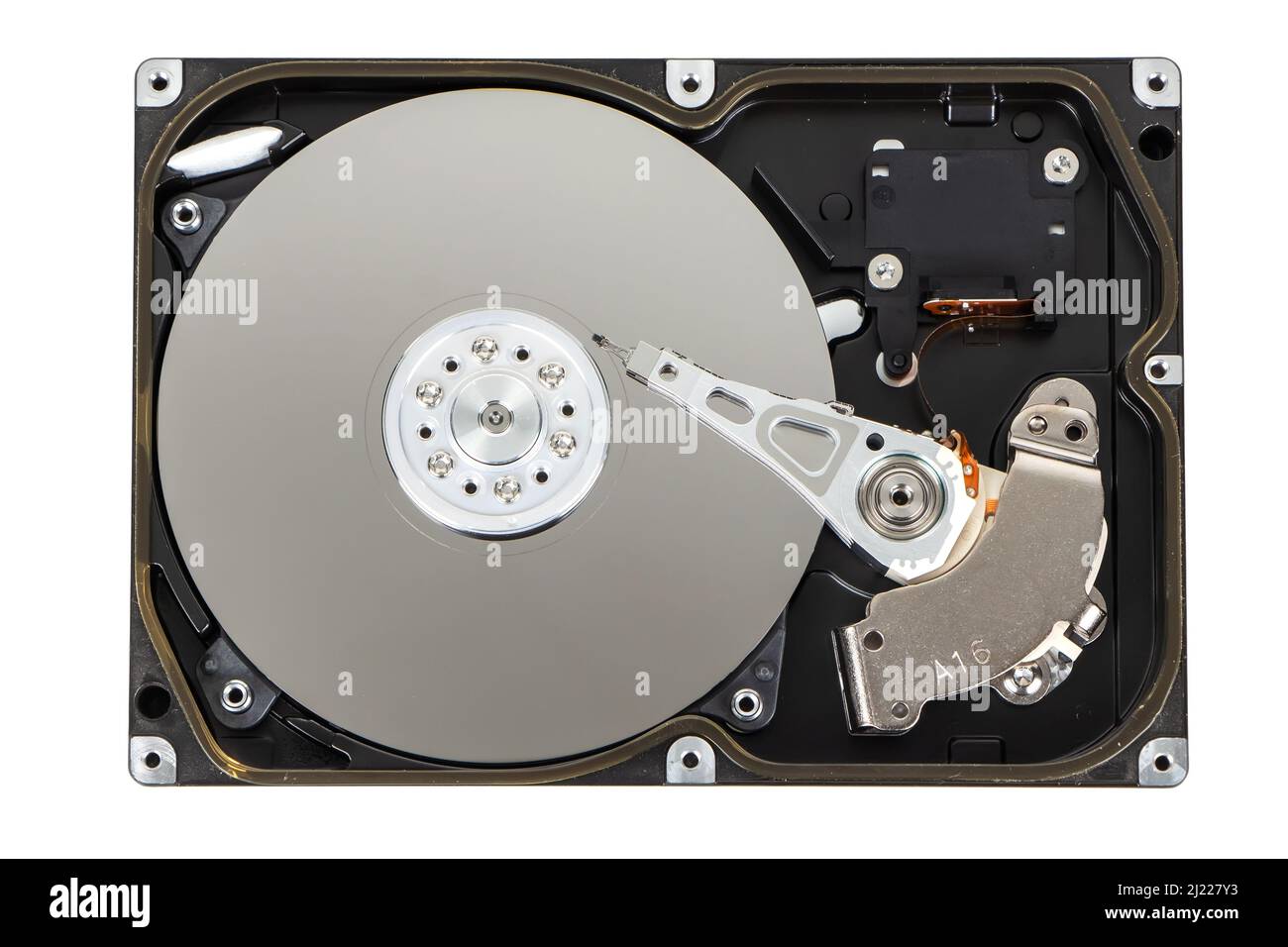 Close up inside of computer hard disk drive HDD isolated on white