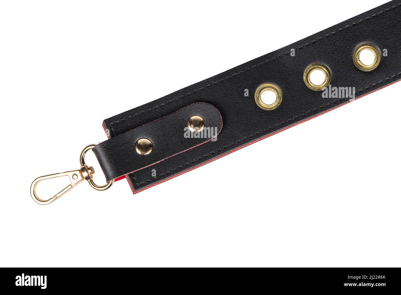 Black belts with metal carabine clasp. Isolated on white background. Stock Photo