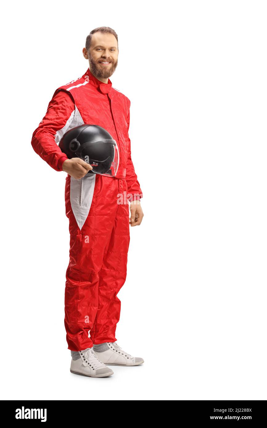Full length shot of a car racer holding a helmet and smiling isolated on white background Stock Photo