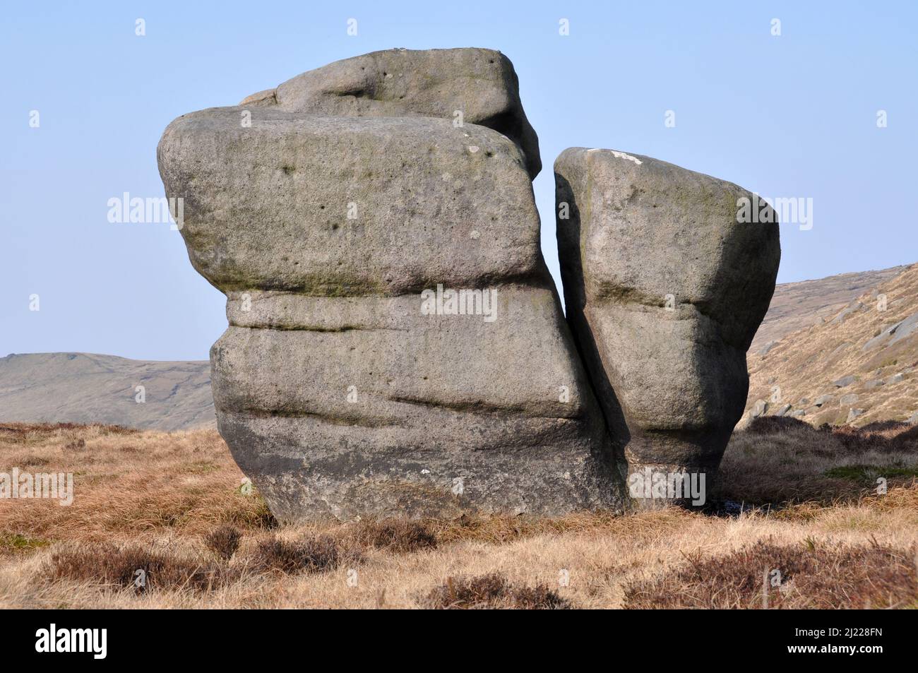 The Woolpacks, Kinder Scout, Derbyshire, some amazing boulders shaped naturally by the wind and the rain into amazing shapes, Stock Photo