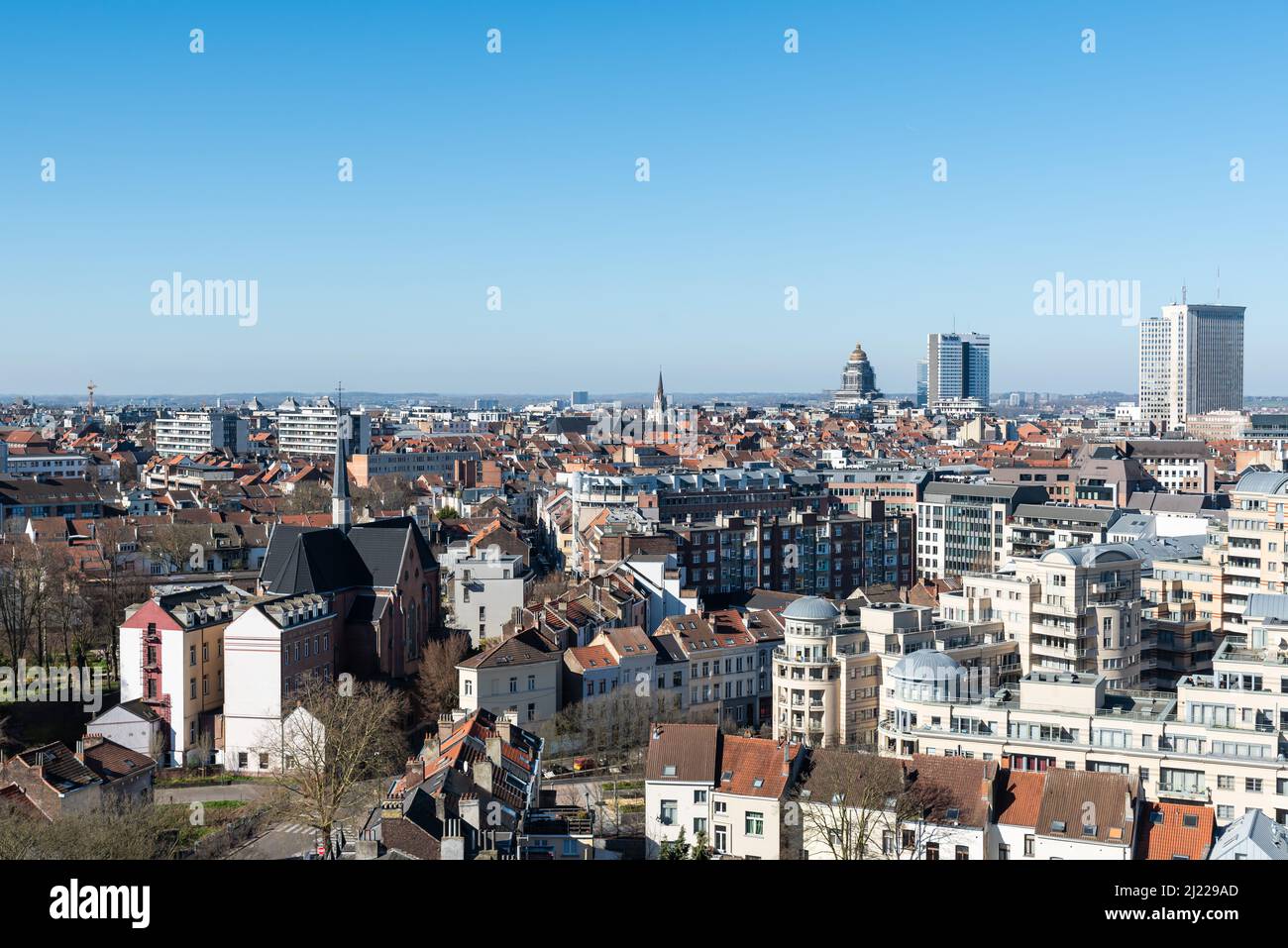 Brussels Capital Region - Belgium, 03 19 2022 - High angle view of the Brussels skyline on a sunny morning Stock Photo