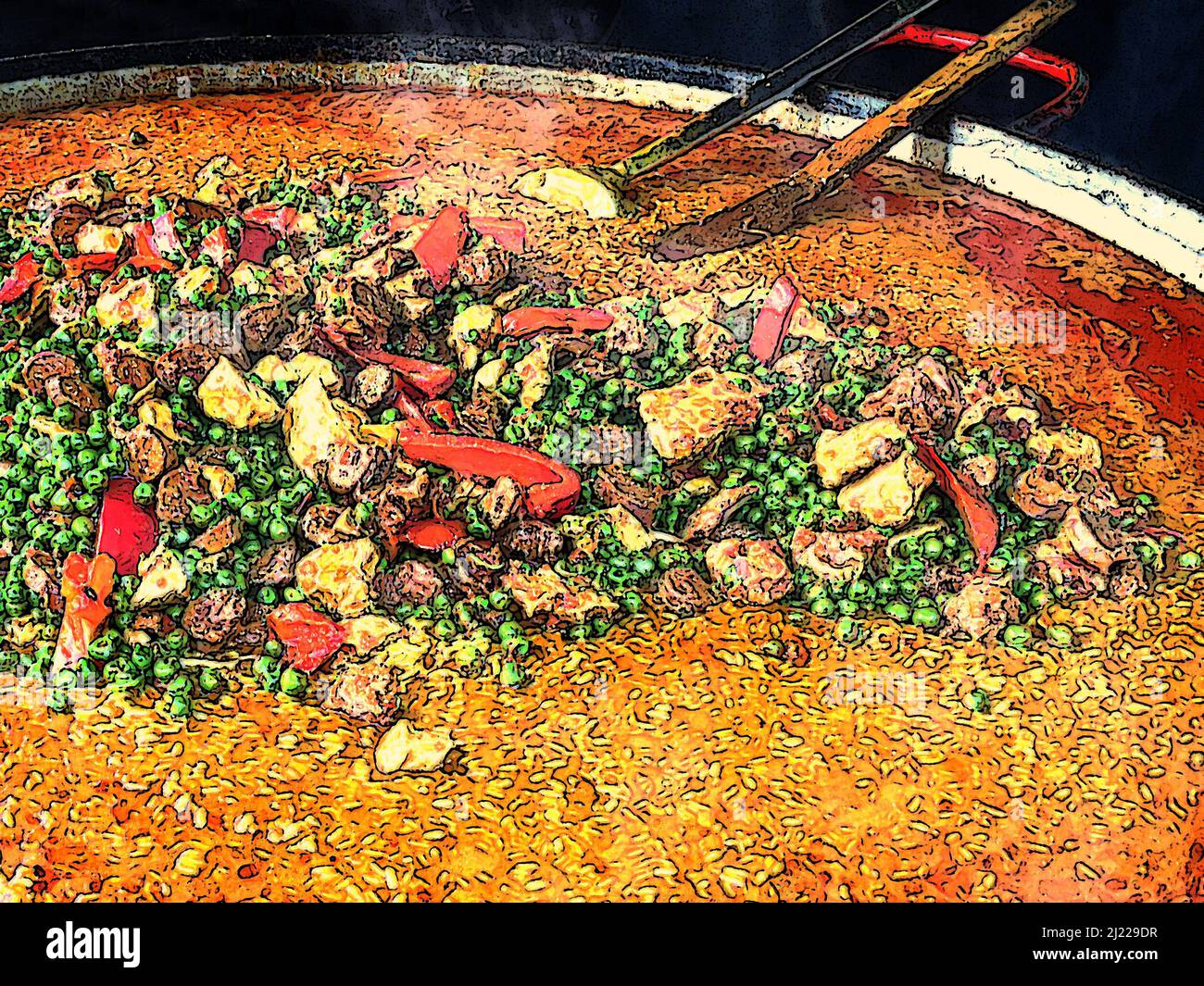 Digital multi-media art illustration of a giant paella pan of the type used for large scale catering, events, festivals, outdoor street food markets Stock Photo