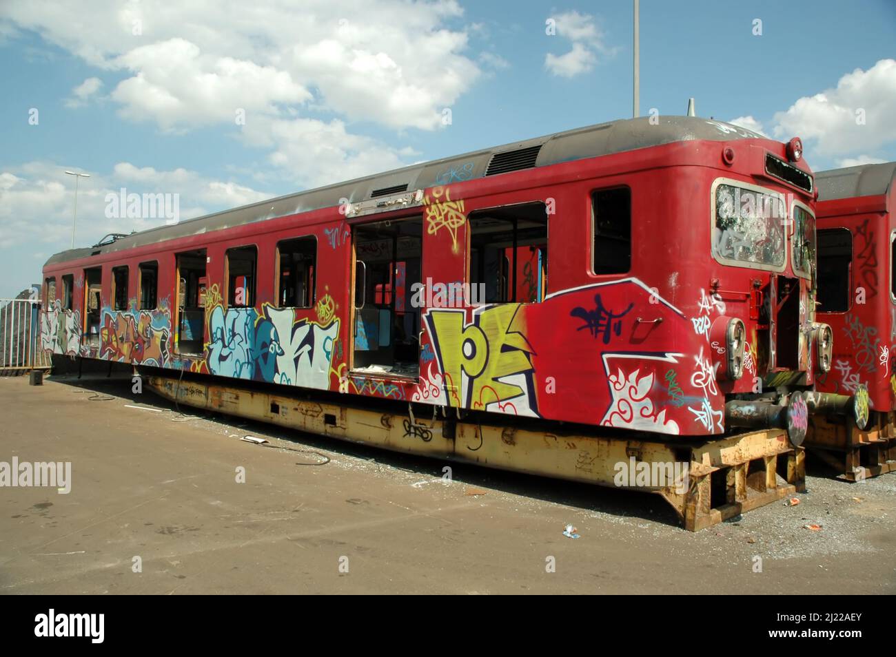An old train is painted with graffiti Stock Photo