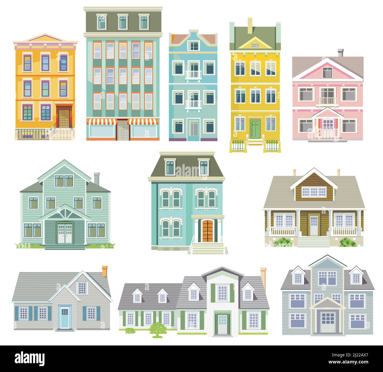 Set of houses and apartment buildings, country houses, wooden houses, family houses, illustration Stock Vector