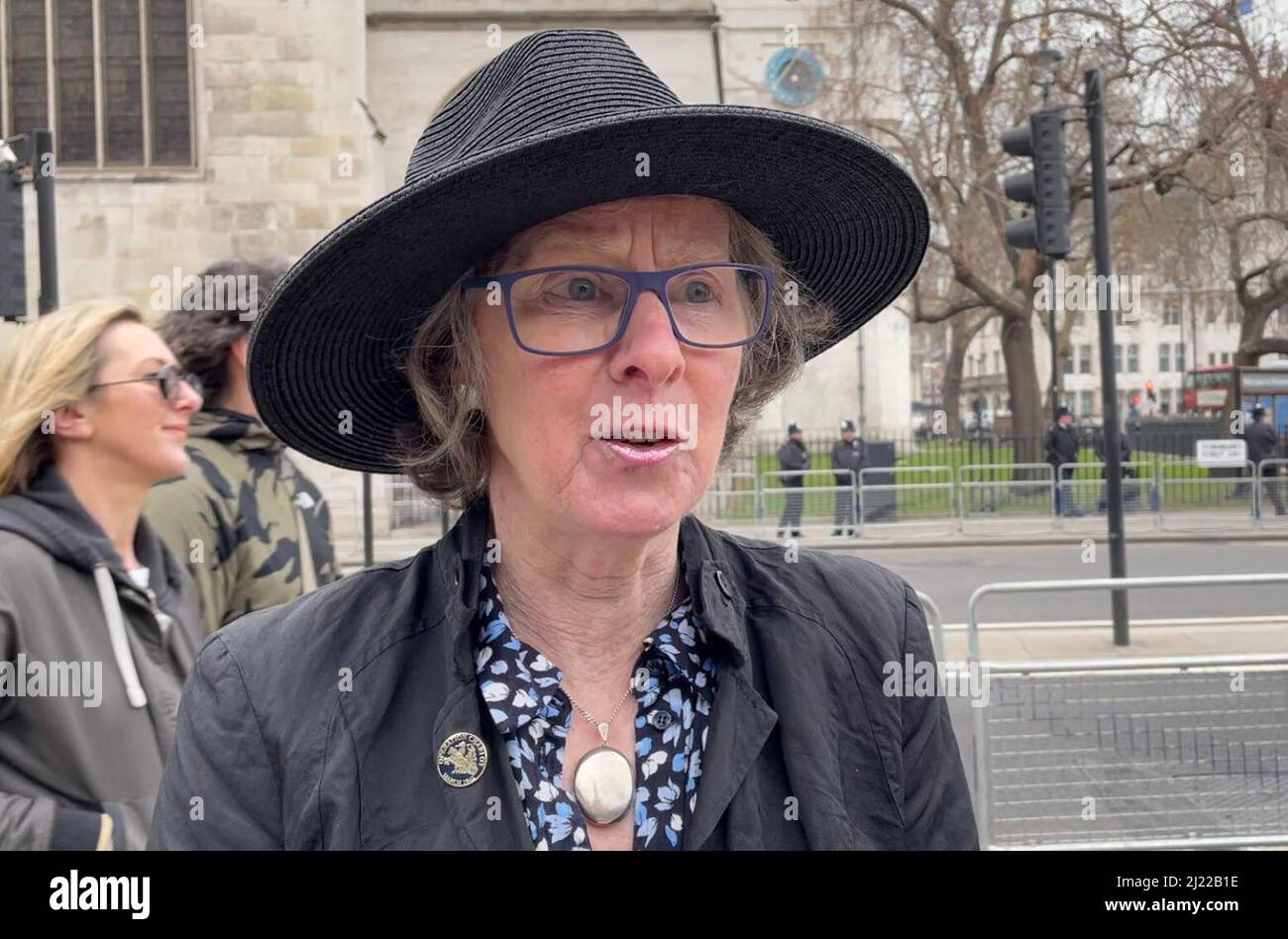 Fiona Evans, from Saint Nazaire Society, after she attended a Service of Thanksgiving for the life of the Duke of Edinburgh, at Westminster Abbey in London. Picture date: Tuesday March 29, 2022. Stock Photo