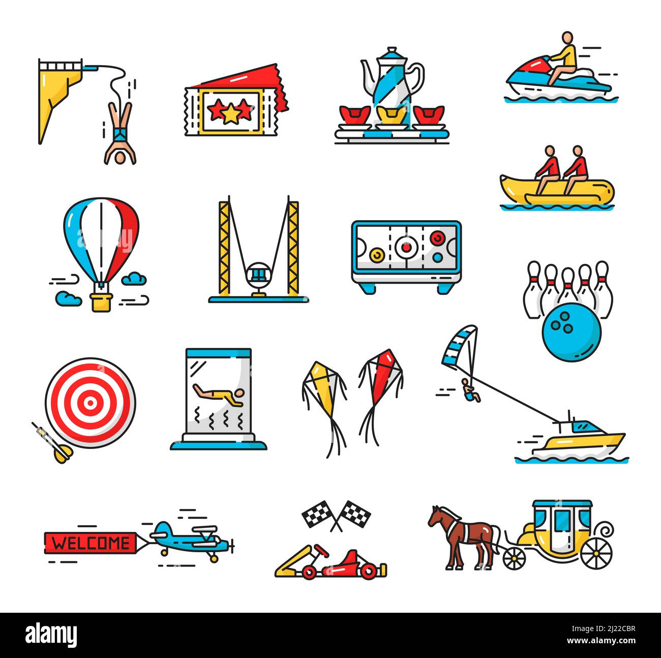 Amusement park playground and funfair extreme activity carousels, vector color outline icons. Amusement park rides and water attractions, bungee jumping, karting or parasailing and banana boat Stock Vector