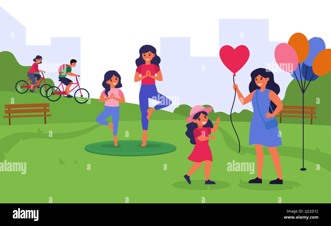 Women spending time with little daughters in public park. Families practicing yoga and walking flat vector illustration. Family leisure concept for ba Stock Vector