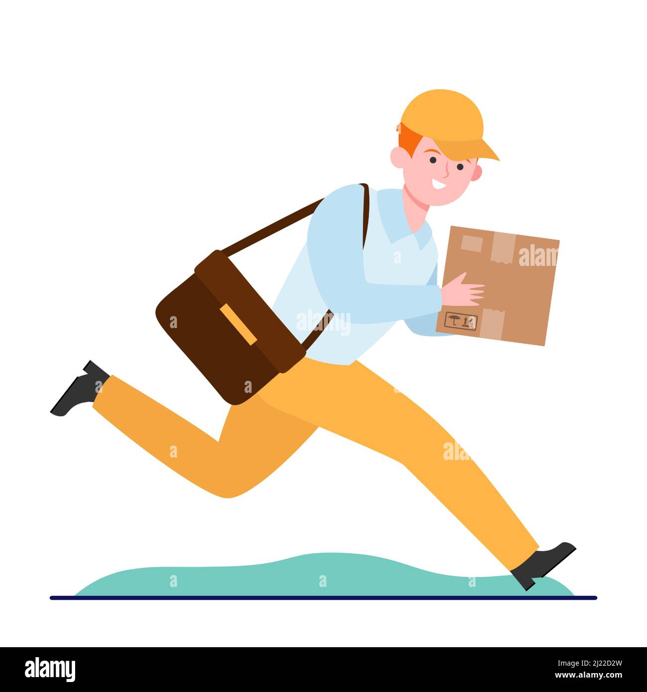 Young courier running with cardboard box. Parcel, express, post flat