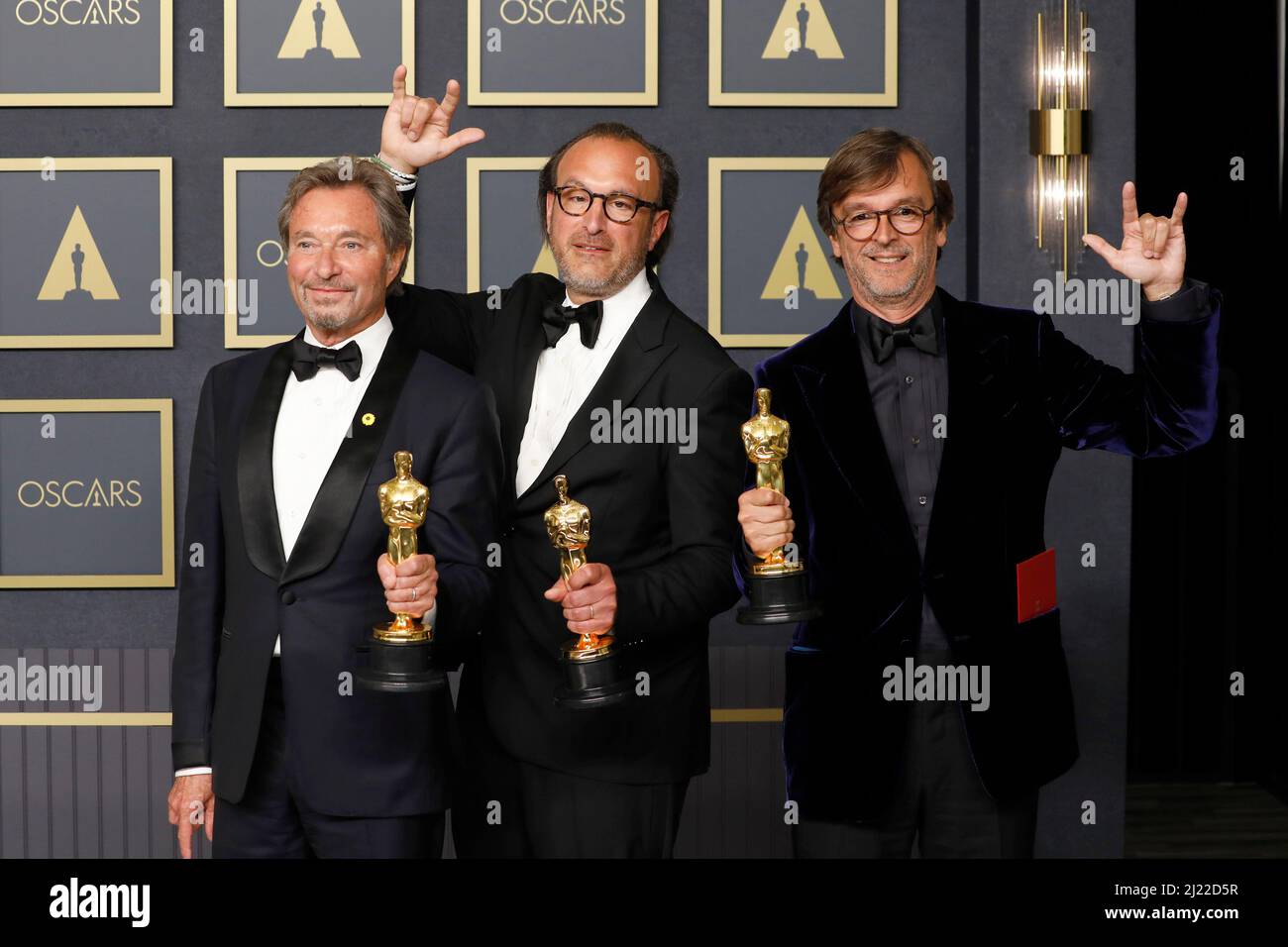 Los Angeles, USA. 27th Mar, 2022. Best Picture, CODA, Philippe Rousselet, Fabrice Gianfermi, Patrick Wachsberger at the 94th Academy Awards at Dolby Theater on March 27, 2022 in Los Angeles, CA (Photo by Katrina Jordan/Sipa USA) Credit: Sipa USA/Alamy Live News Stock Photo