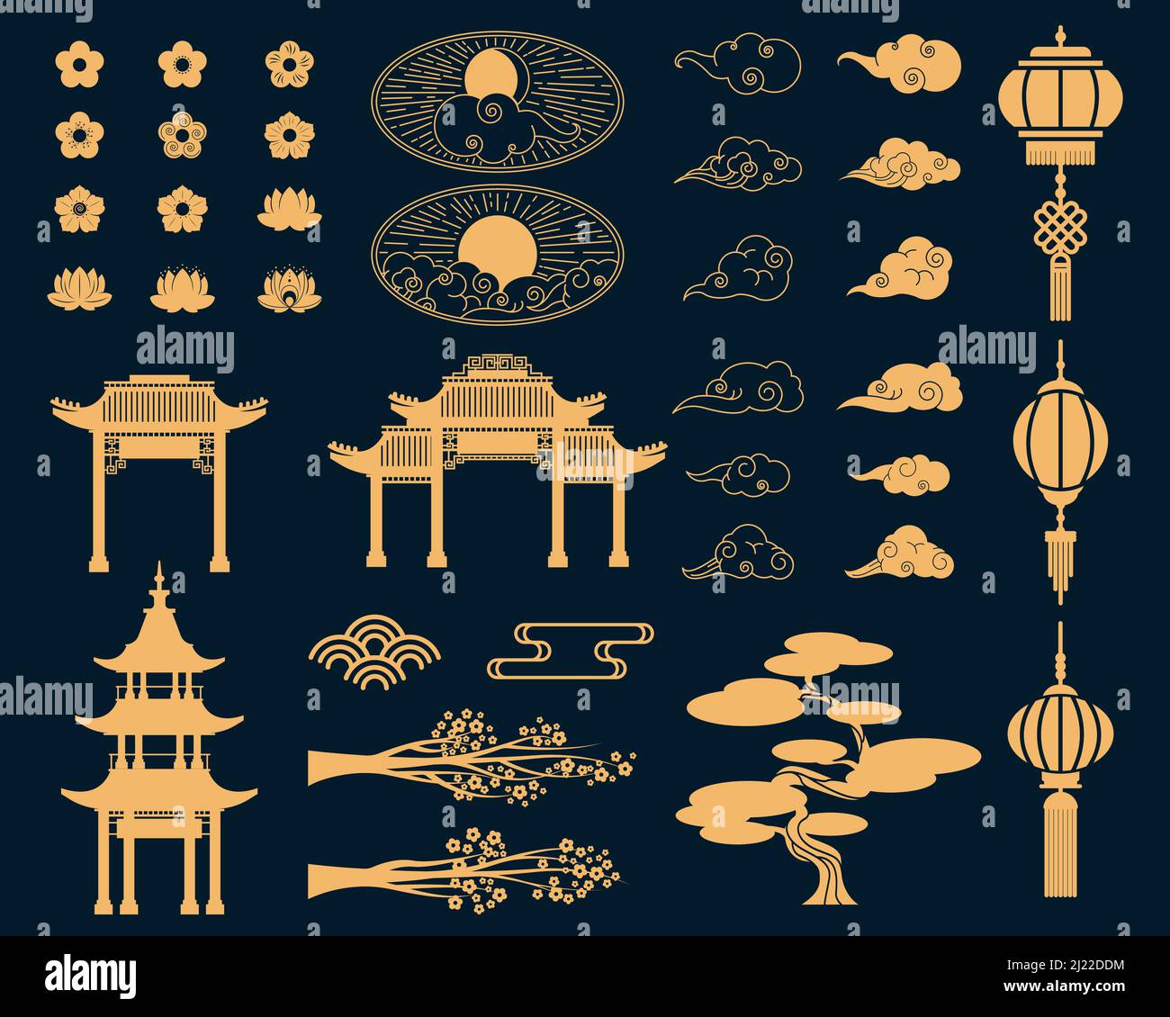 Asian decorative elements set. Gold lanterns, Japanese sakura blossoms and tree branches