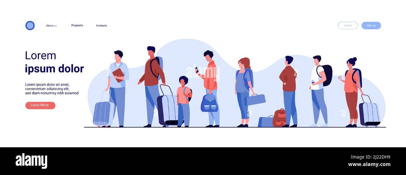 Group of tourist with luggage standing in line. Men, women, kid holding their bags and suitcases Vector illustration for trip, airport, travel, queue Stock Vector
