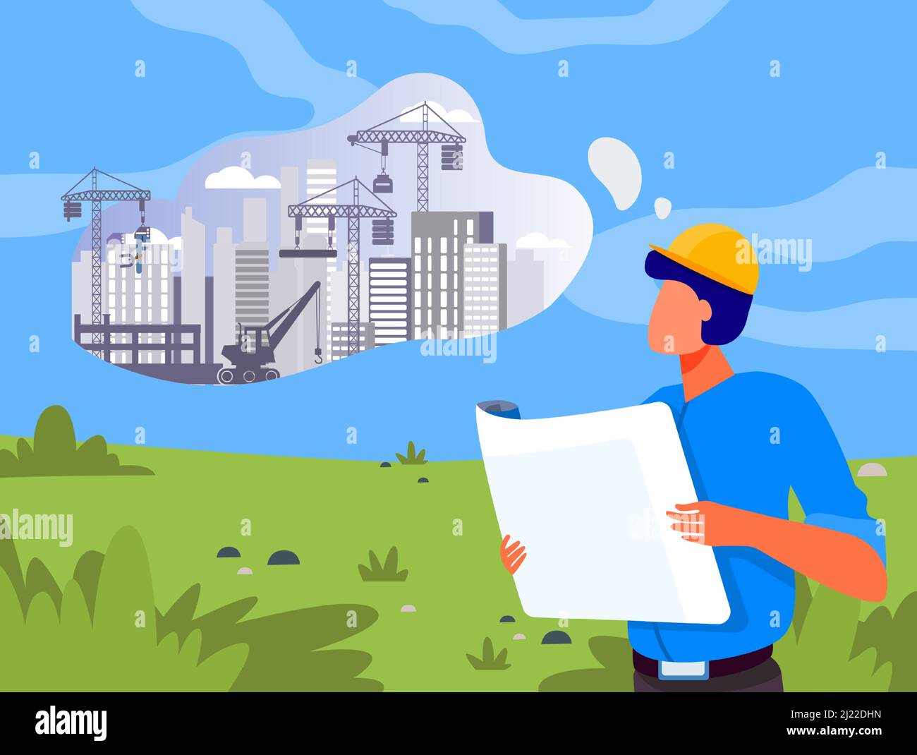 Architect with blueprint planning construction on lawn. Landscape, building work in though bubble flat vector illustration. Real estate, job concept f Stock Vector