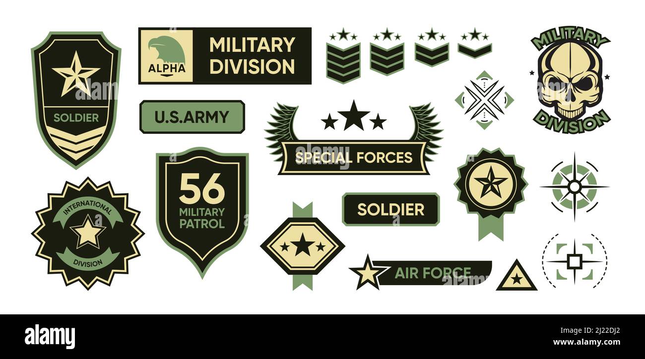 Army patches set. Military insignias, soldier camouflage badges, USA force emblems. Isolated vector illustrations with text, shield, stars, wings, tar Stock Vector