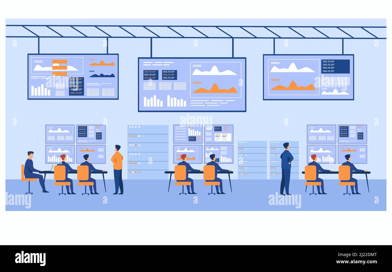 Big data control center. Stock market brokers analyzing financial graphs on screens. Data security engineers using computers and diagrams. For trading Stock Vector