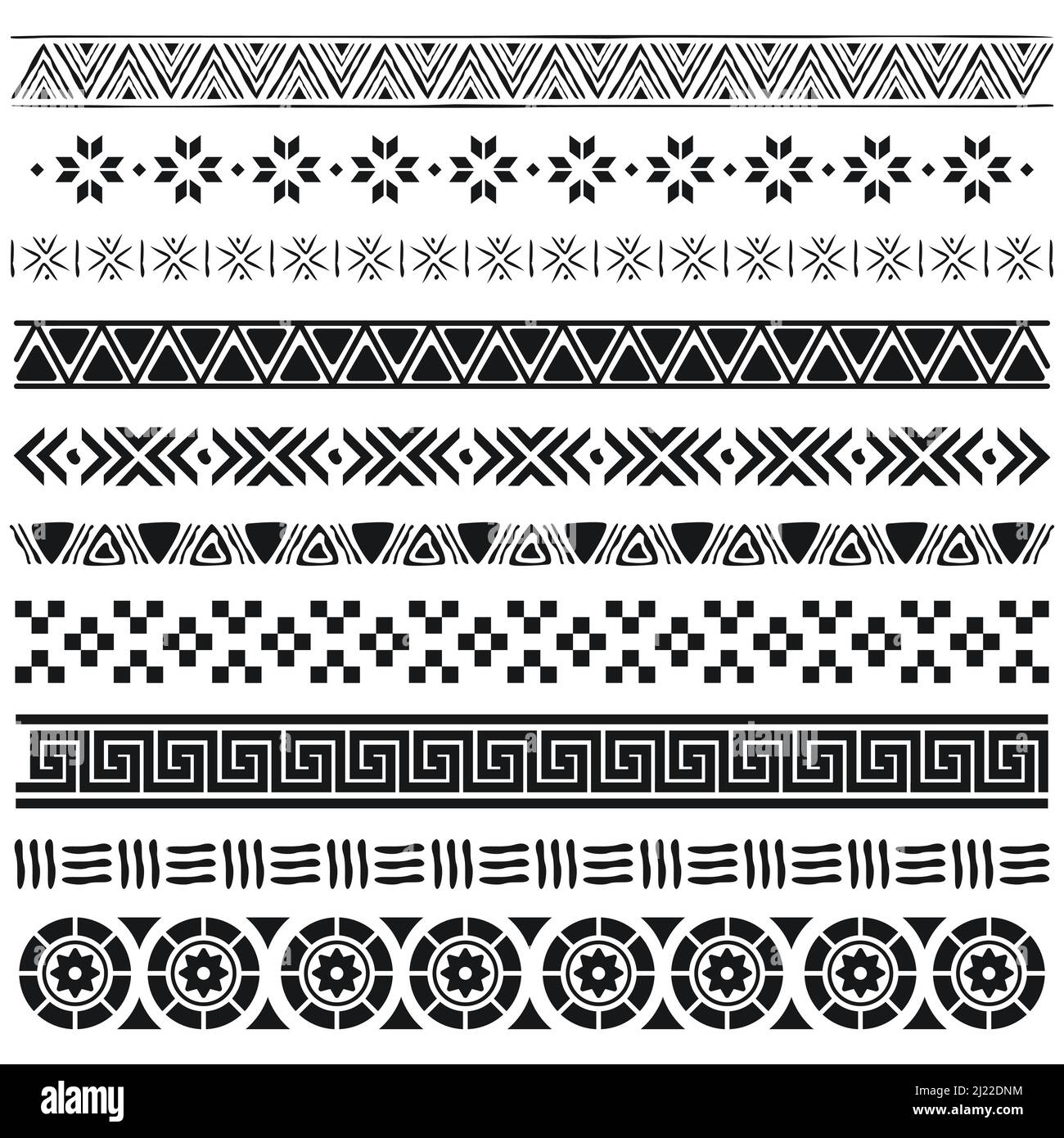 Aztec borders set. Ethnic ornament, decoration patterns in Arabic, Egyptian or native American tribal styles. Traditional ornate black dividers vector Stock Vector
