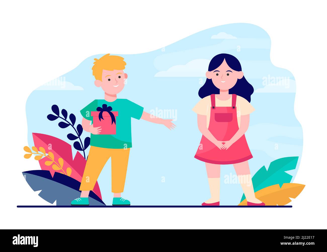 Boy giving gift to girl. Couple of children playing date flat vector illustration. Role play, childhood, friendship concept for banner, website design Stock Vector