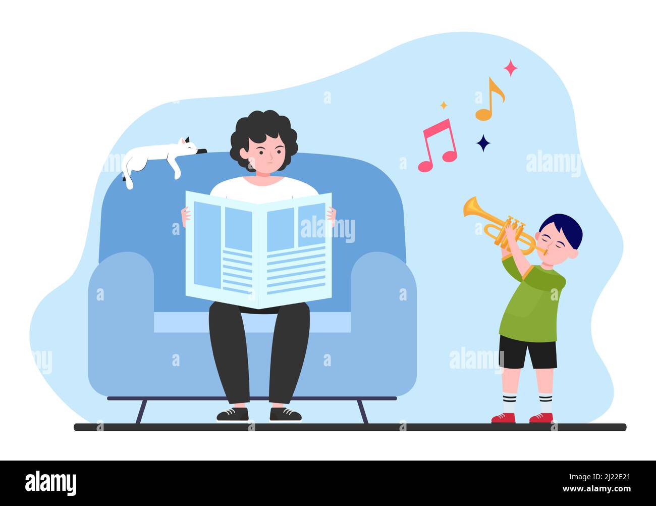 Boy playing trumpet at home. Son disturbing father with noise flat vector illustration. Studying music, playing musical instrument concept for banner, Stock Vector