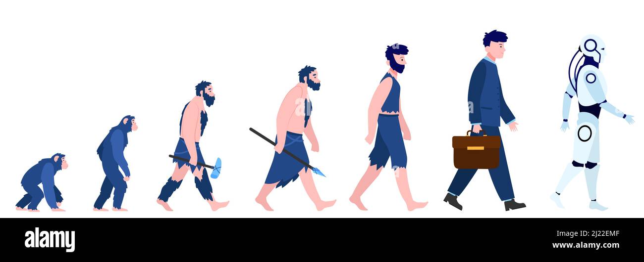 Cartoon human evolution isolated flat vector illustration. Man from monkey and caveman to cyborg or robot. Reality, history and anthropology concept Stock Vector