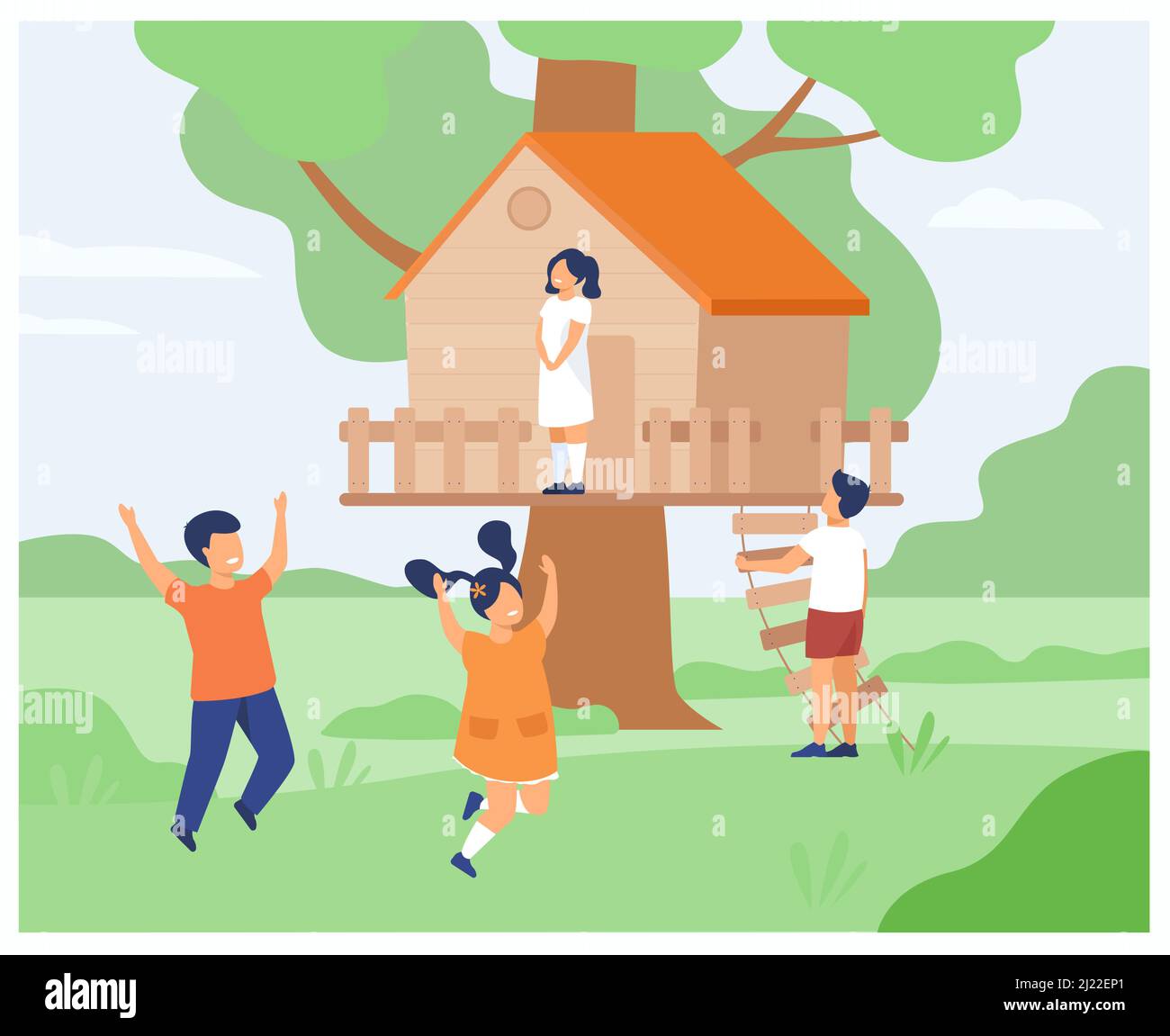 Boys and girls playing at treehouse. Children enjoying summer adventures with their wooden hut, running, jumping, climbing on tree house. For country Stock Vector