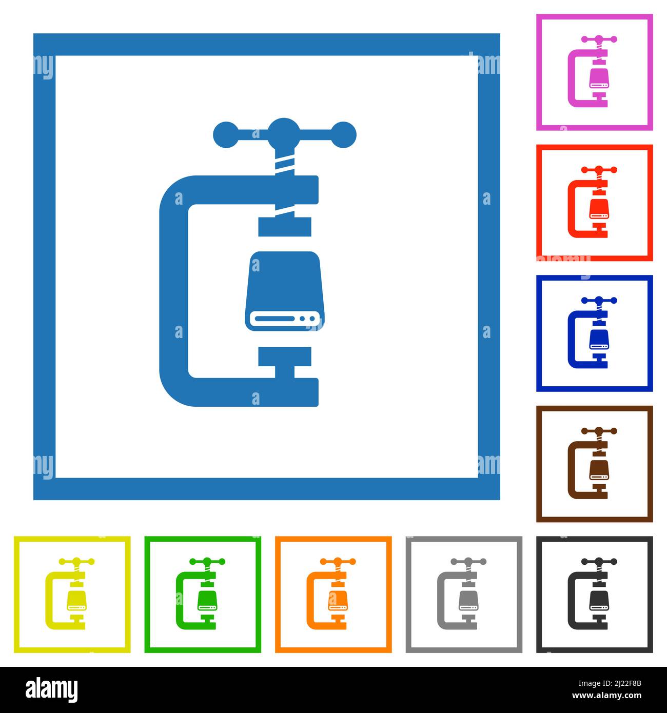 Hard disk compression solid flat color icons in square frames on white ...