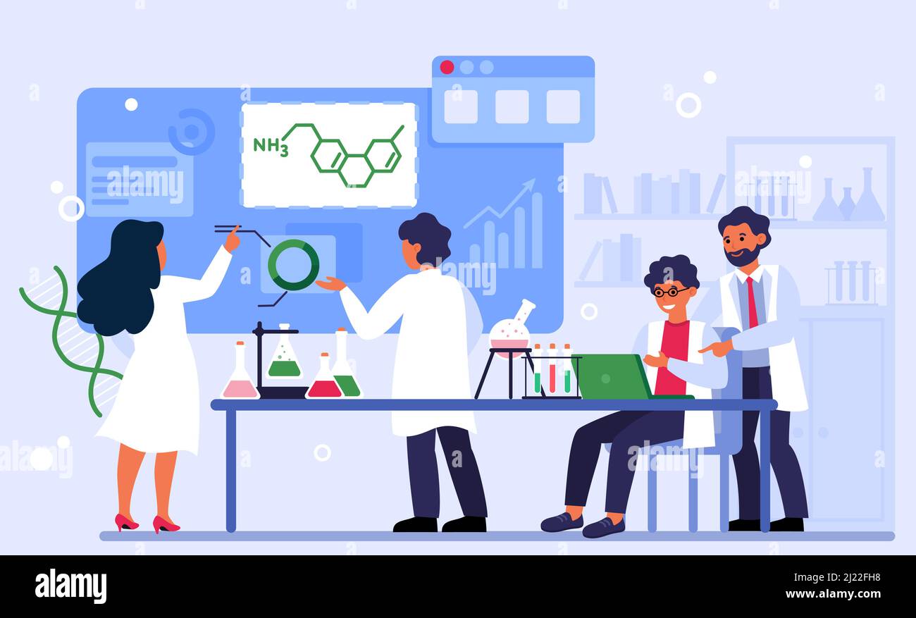 Chemistry and laboratory concept. Chemists conducting experiment. Team of scientists doing lab research. Students analyzing chemical reaction, studyin Stock Vector
