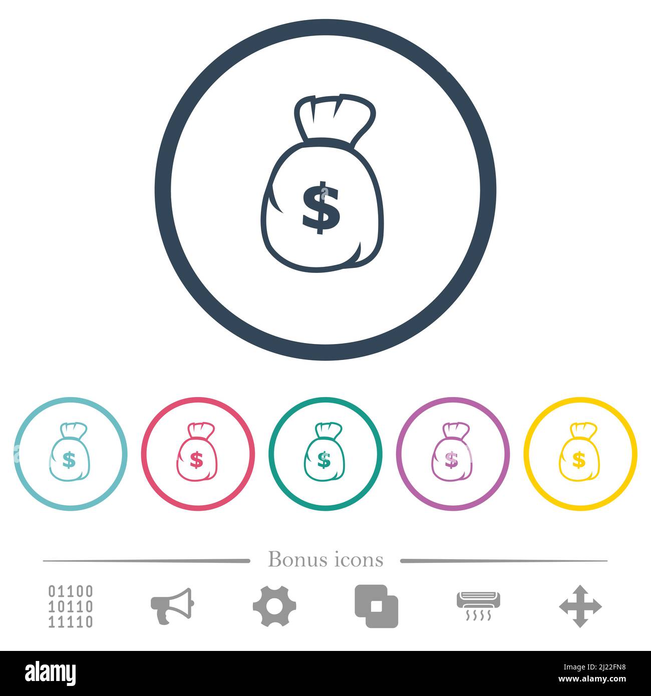 Dollar money bag outline flat color icons in round outlines. 6 bonus icons included. Stock Vector