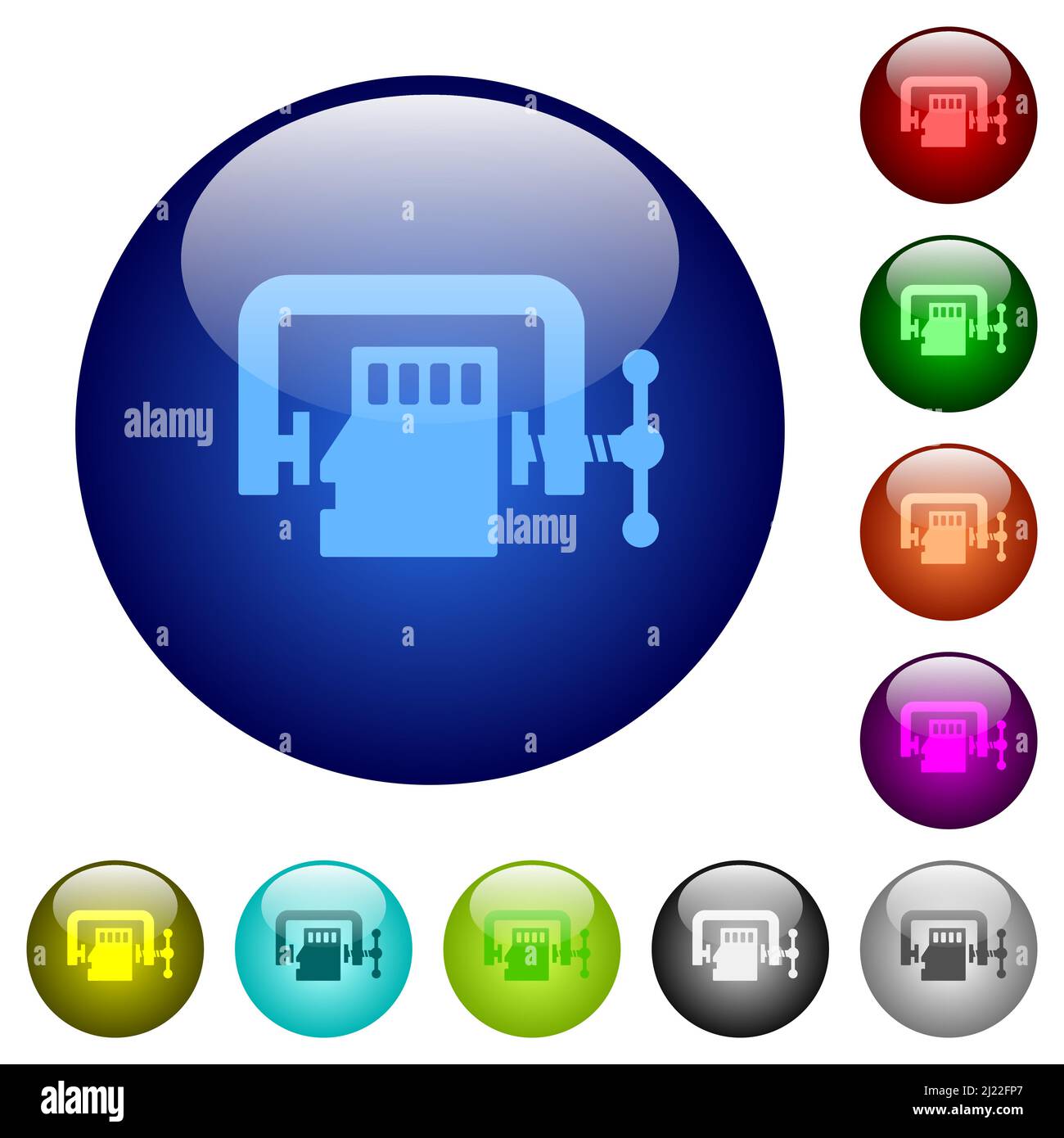 Micro sd memory card compress solid icons on round glass buttons in multiple colors. Arranged layer structure Stock Vector