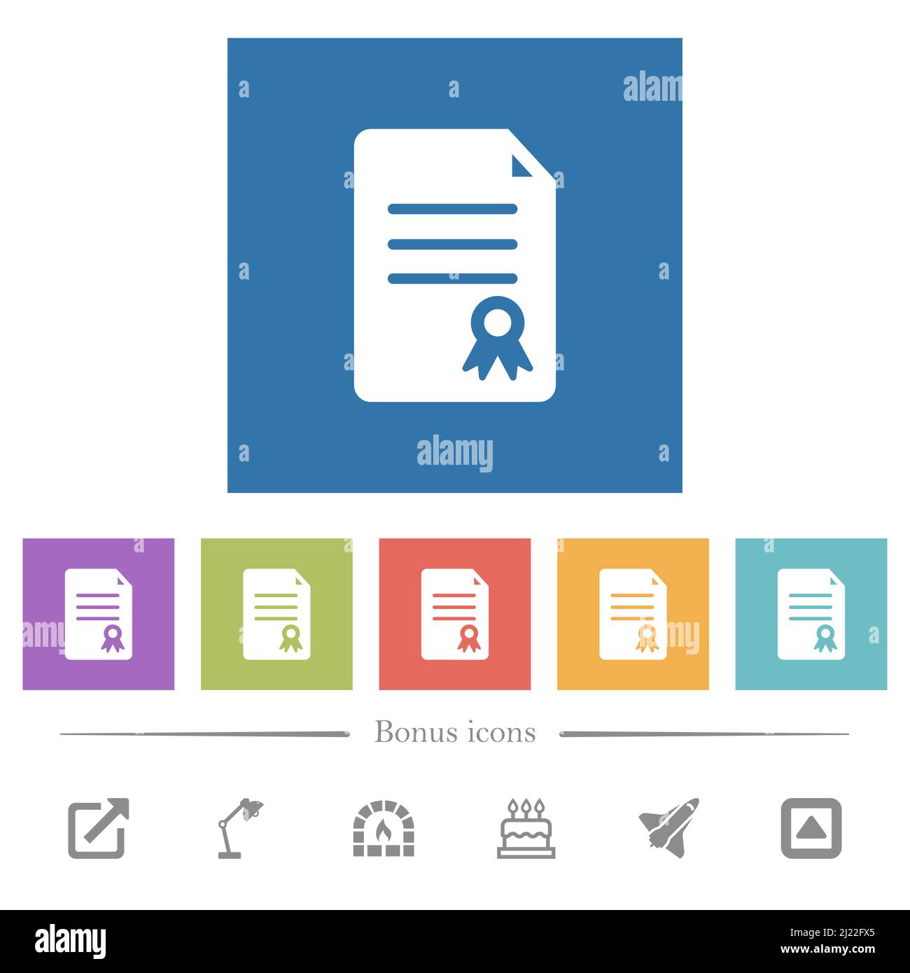 Certificate document solid flat white icons in square backgrounds. 6 ...