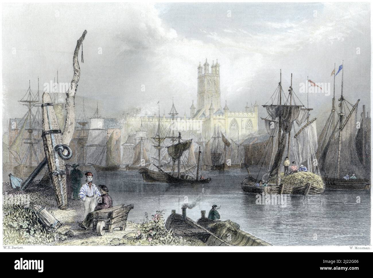 Finely hand coloured engraving of Gloucester Cathedral, seen across the Docks full of shipping, scanned at high res from a book printed in 1842. Stock Photo