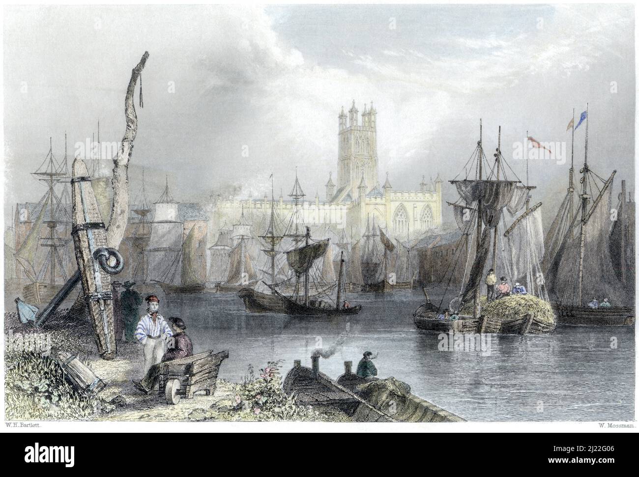 Finely hand coloured engraving of Gloucester Cathedral, seen across the Docks full of shipping, scanned at high resolution fom a book printed in 1842. Stock Photo