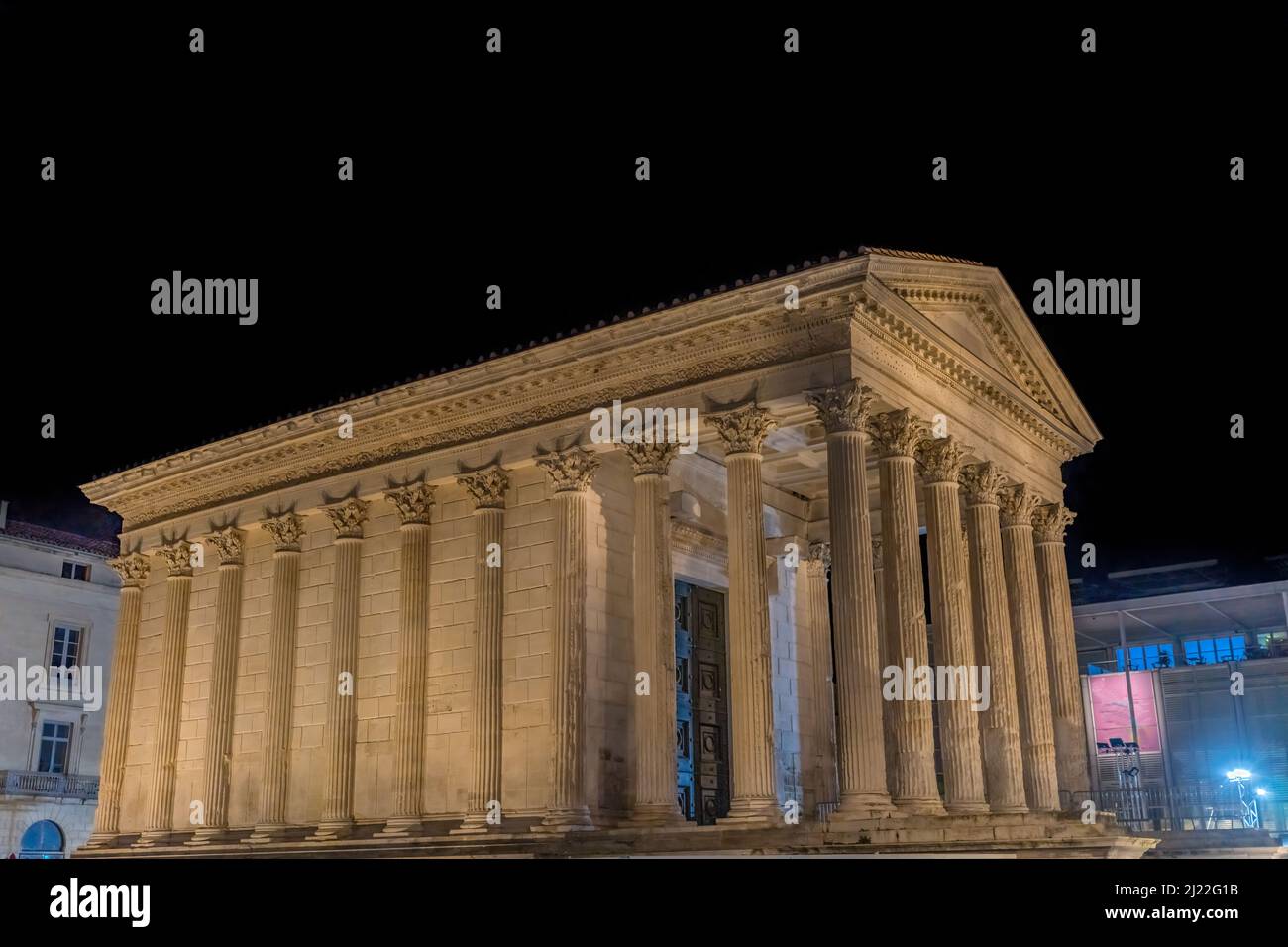 Maison Caree Ancient Classical Roman Temple Night Stores Plaza Nimes