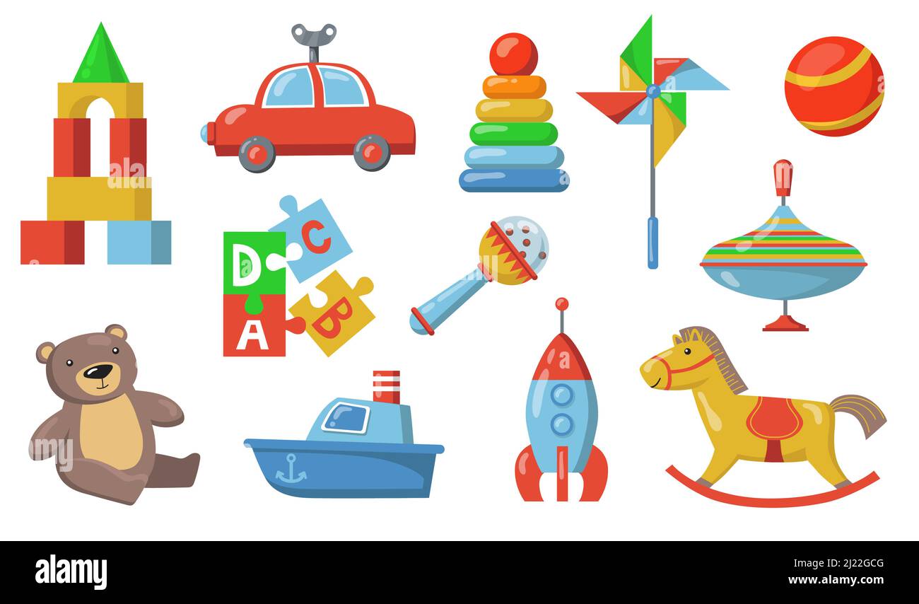 Children toys set. Colorful plastic submarine, car, spaceship, teddy bear, puzzle constructor, rattle ball. Isolated vector illustration for childhood Stock Vector