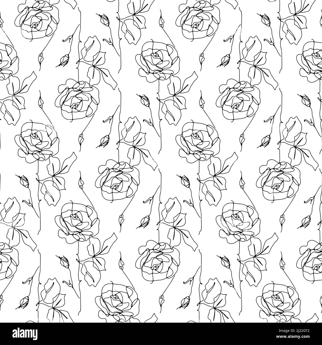 Monochrome seamless pattern with rose flowers line drawings Stock ...