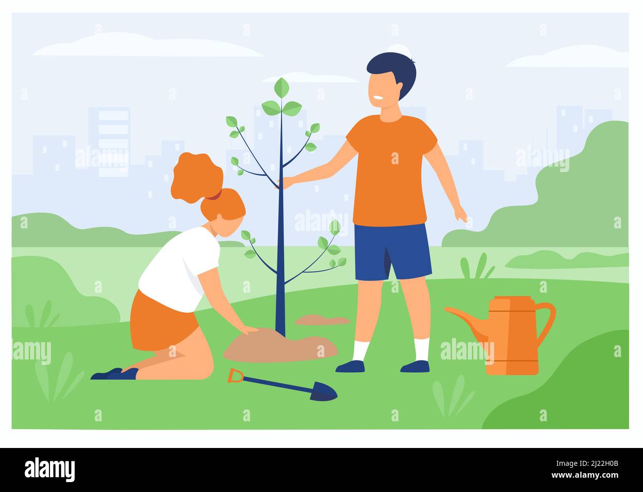 Couple of kids gardening outdoors. Boy and girl planting trees in spring park. Vector illustration for environment, garden work, volunteering children Stock Vector