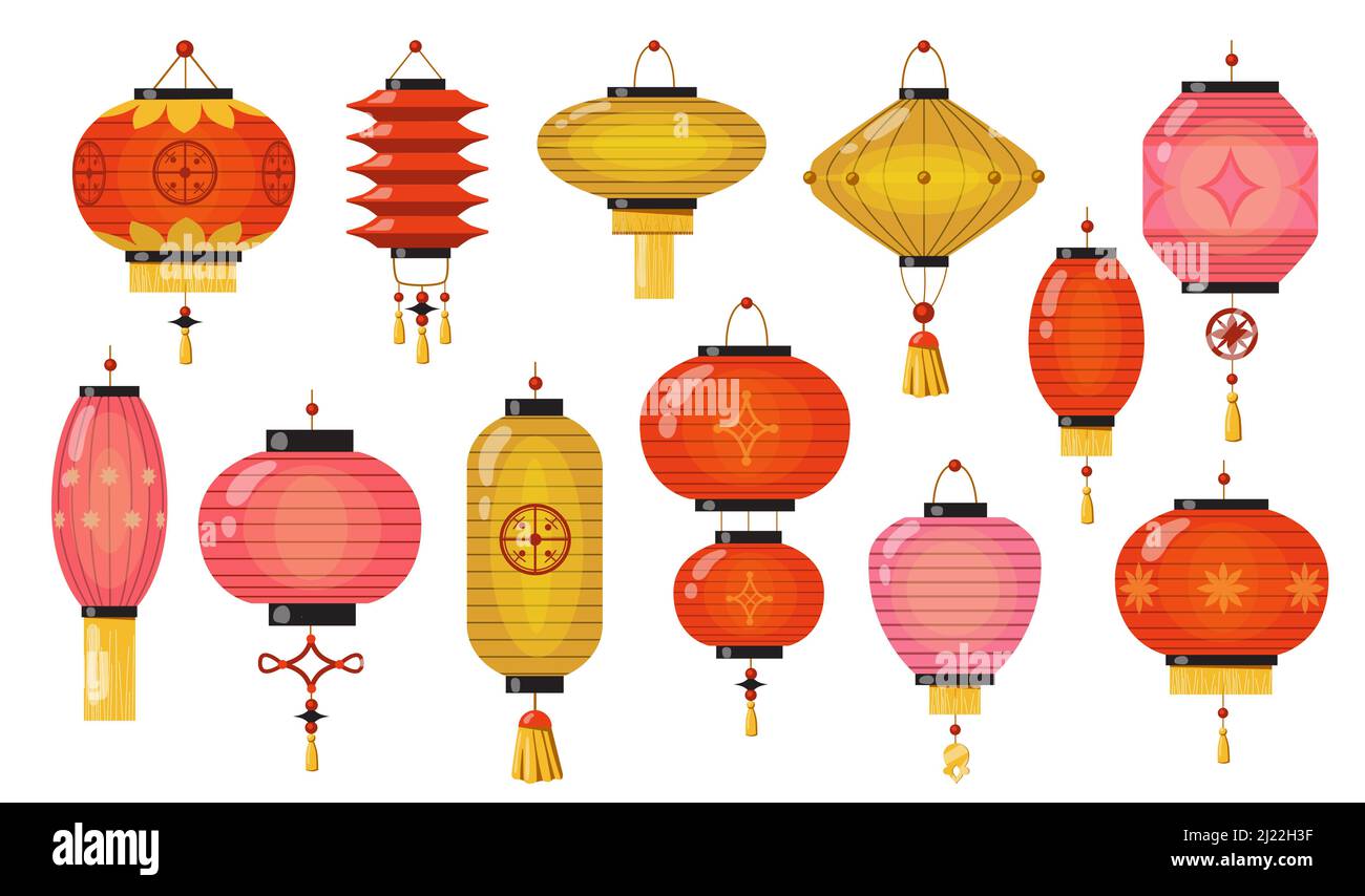 Chinese lamps set. Traditional Asian New Year red and yellow paper lanterns. Vector illustrations for China, Chinatown, festival, holiday, decoration Stock Vector