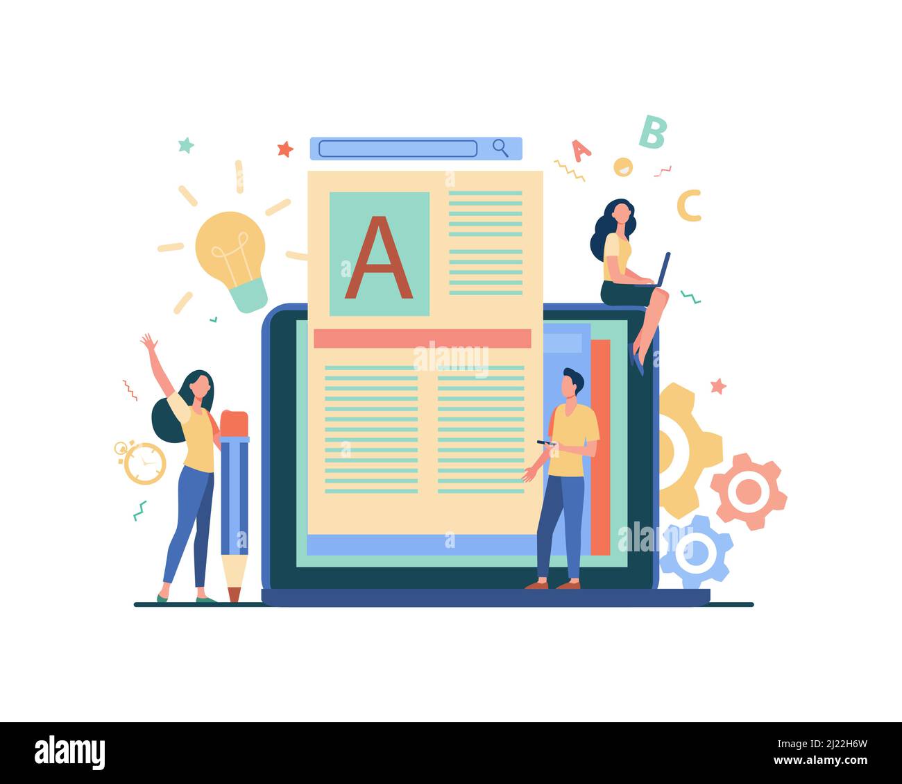 Content author or writer job concept. Freelance blogger at laptop writing creative article, editing text. Vector illustration for blogging, seo market Stock Vector