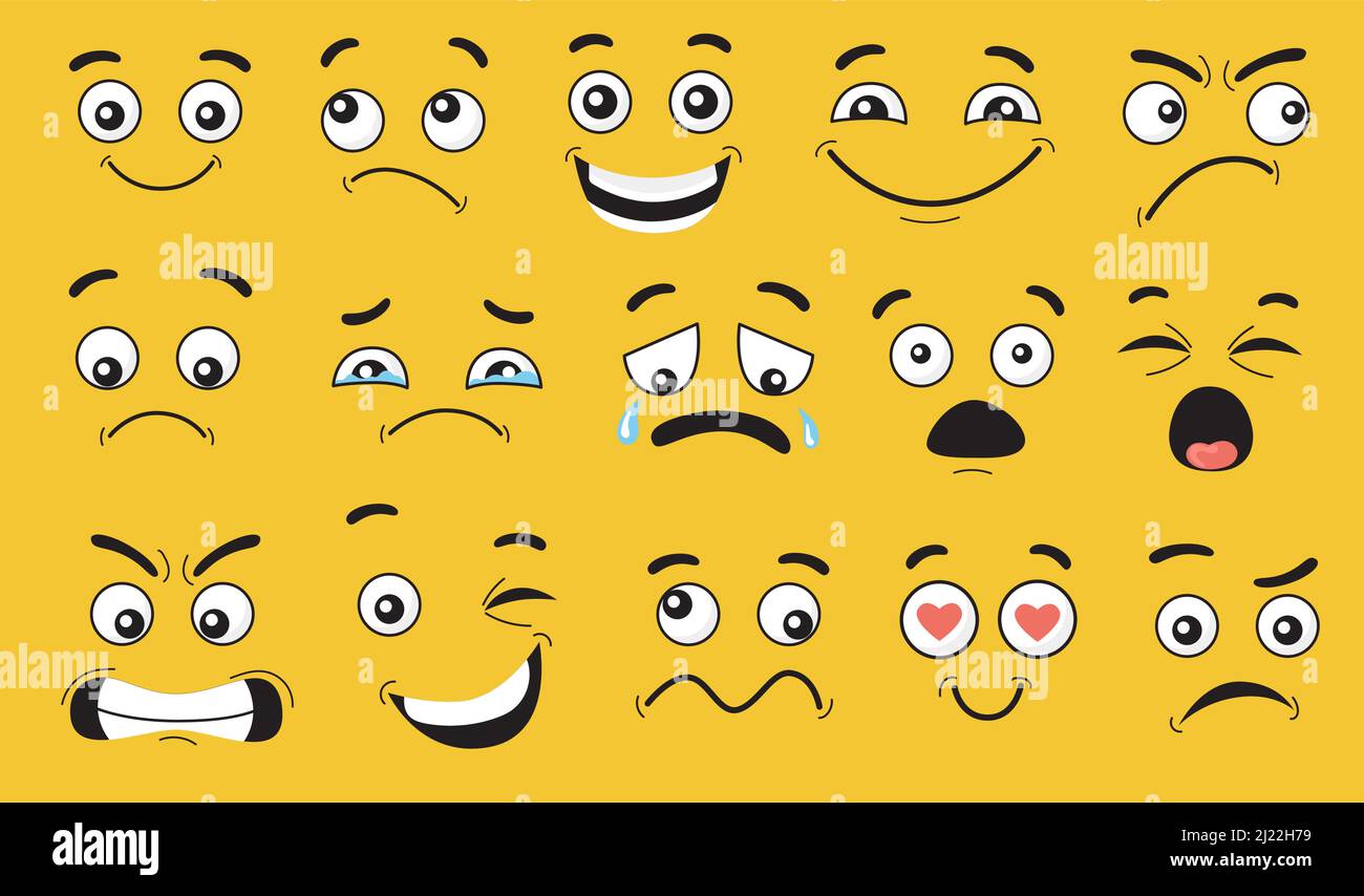 Cartoon faces set. Angry, laughing, smiling, crying, scared and