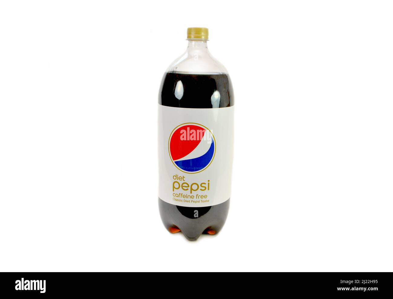 Diet Pepsi (Caffeine Free) 2 Liter Bottle of Soda Isolated Over a White Background Stock Photo