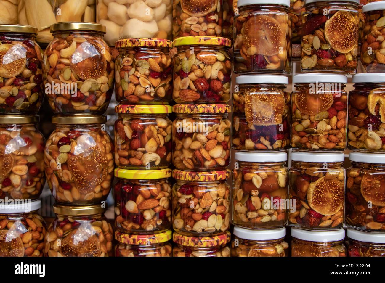 Natural Honey Nuts Jar On Green Stock Photo 1984321640