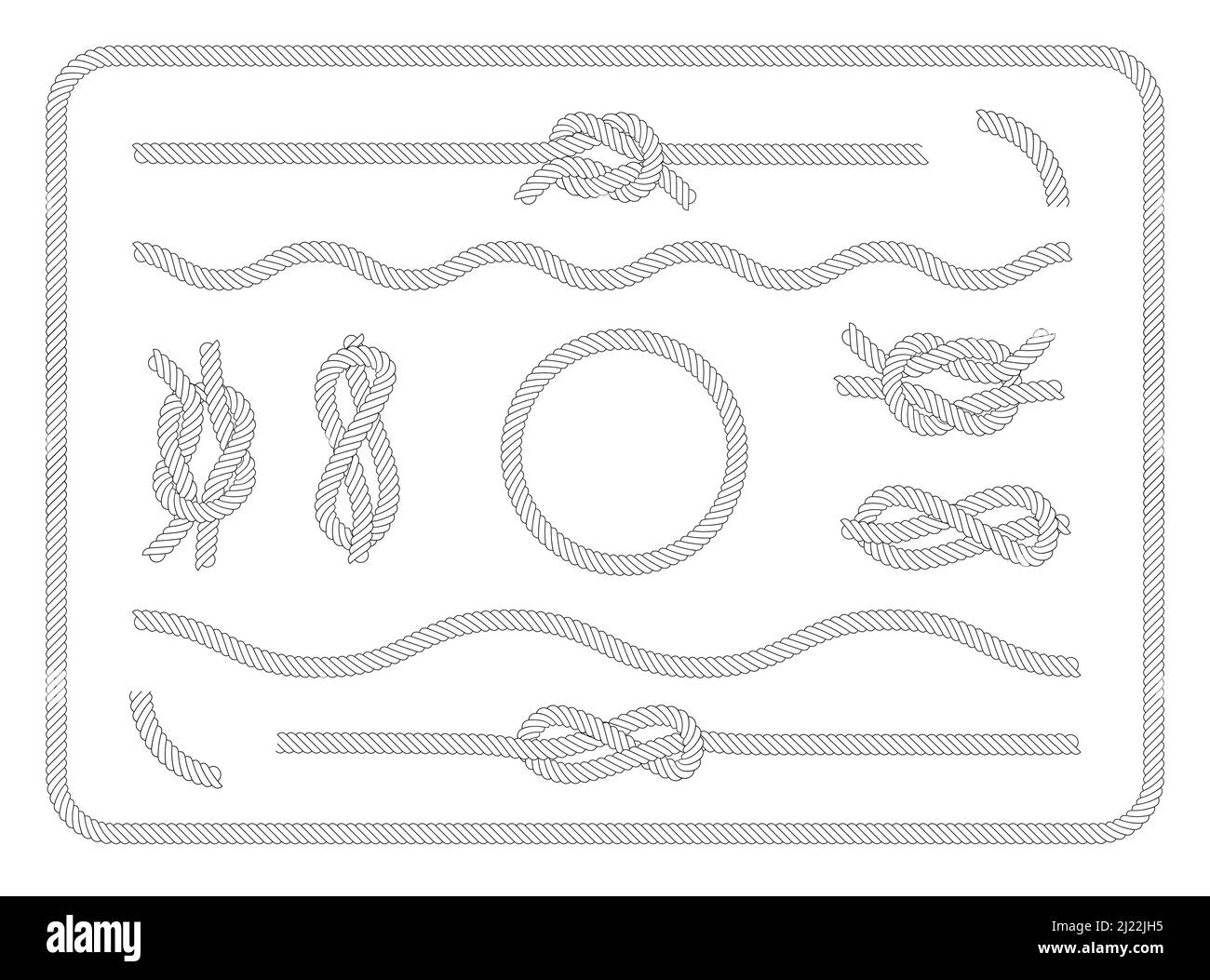 Collection of sailor knots set. Various nautical ropes and knots, circle, border, wavy string. Vintage decorative elements for sea, sailing, marine, y Stock Vector